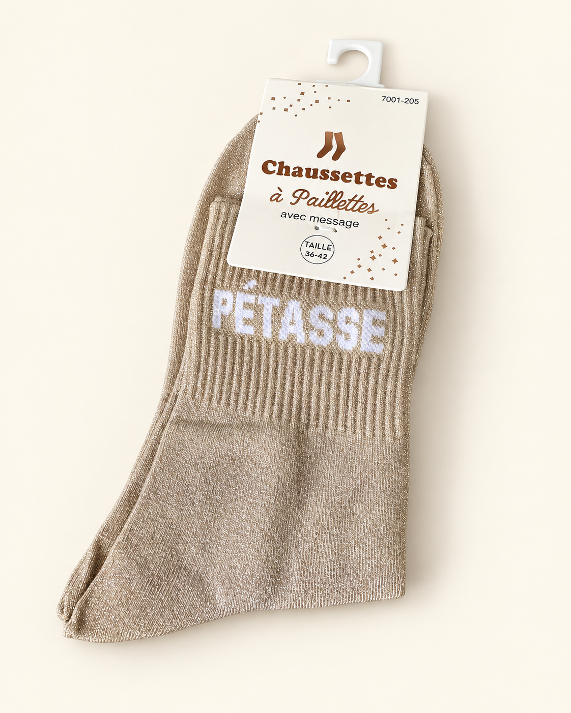 Chaussettes pailletées Pétasse beige doré avec inscription blanche sur fond ivoire