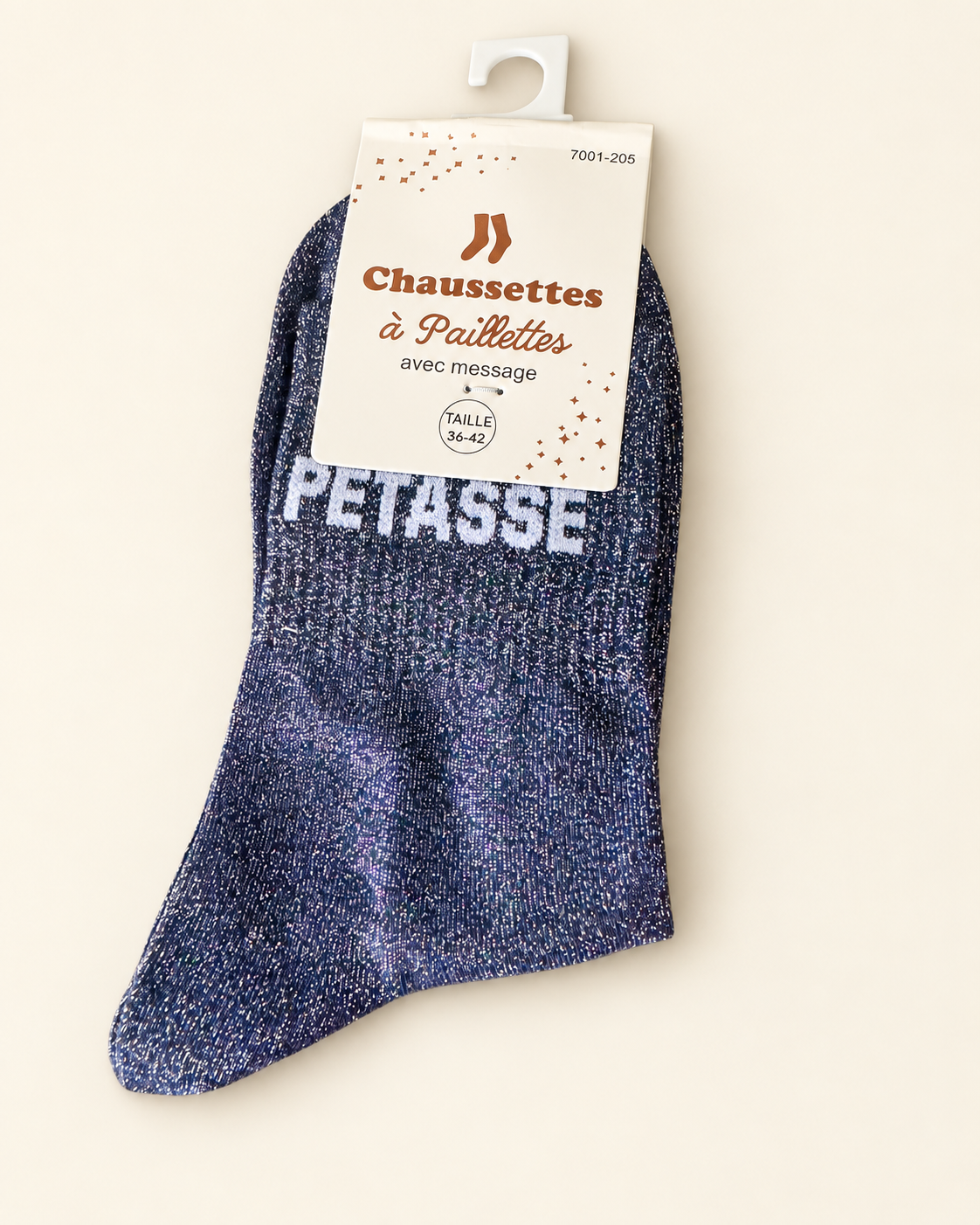 Chaussettes pailletées Pétasse bleu marine avec inscription blanche sur fond ivoire