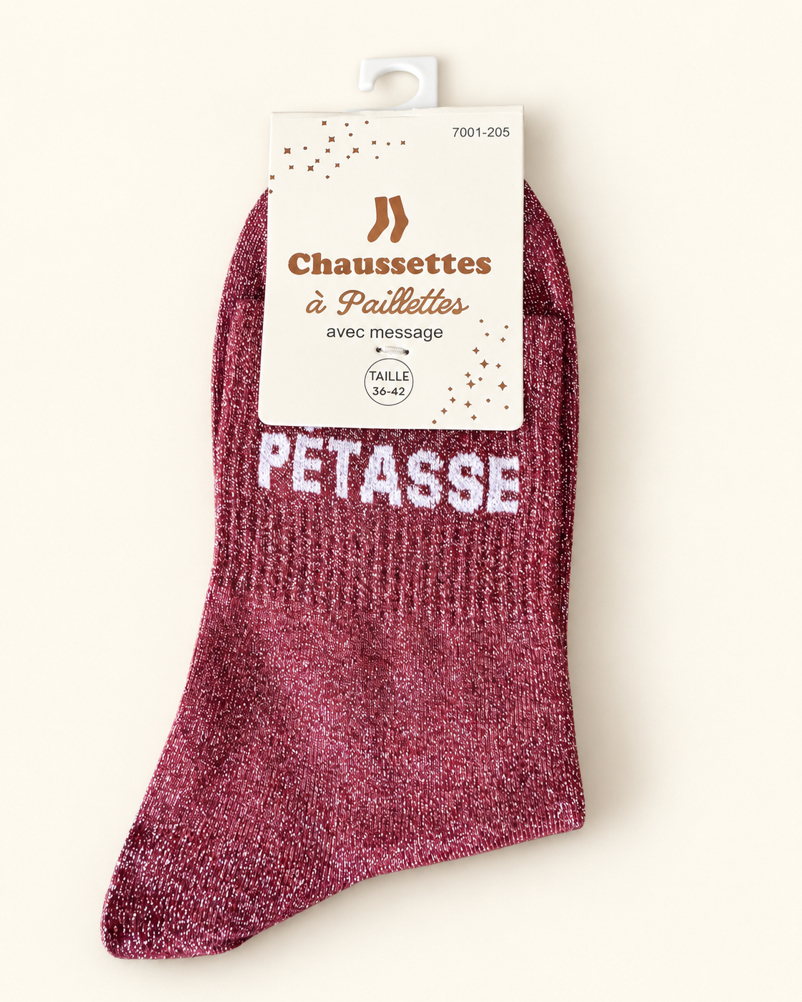 Chaussettes pailletées Pétasse bordeaux avec inscription blanche sur fond ivoire