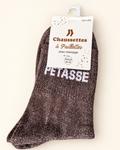 Chaussettes pailletées Pétasse chocolat avec inscription blanche sur fond ivoire