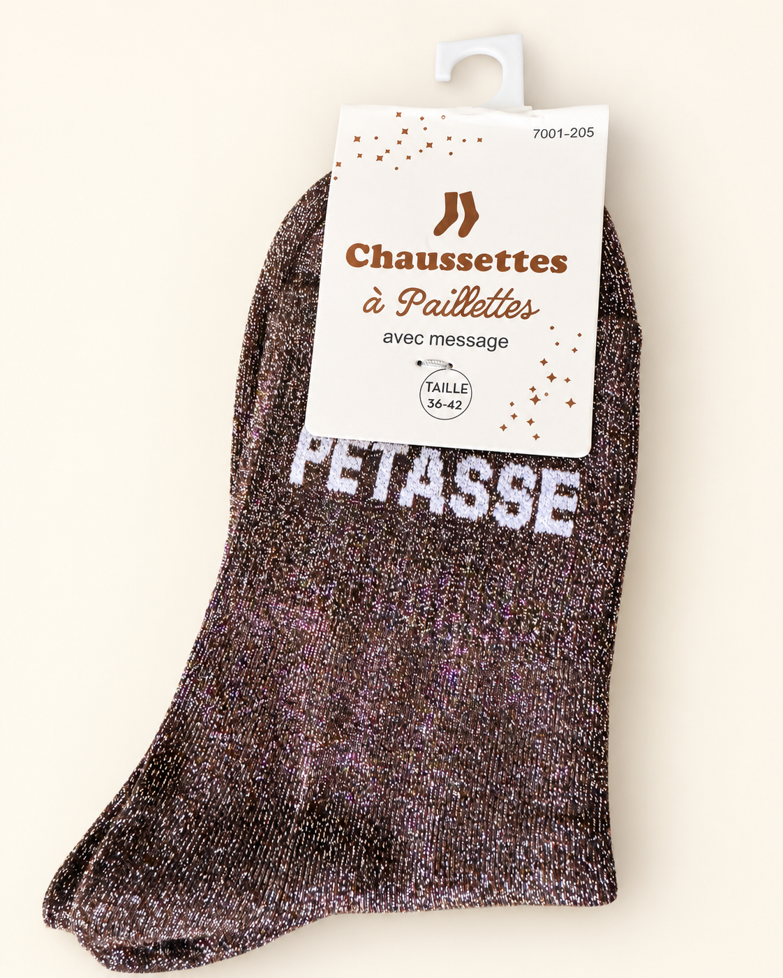 Chaussettes pailletées Pétasse chocolat avec inscription blanche sur fond ivoire