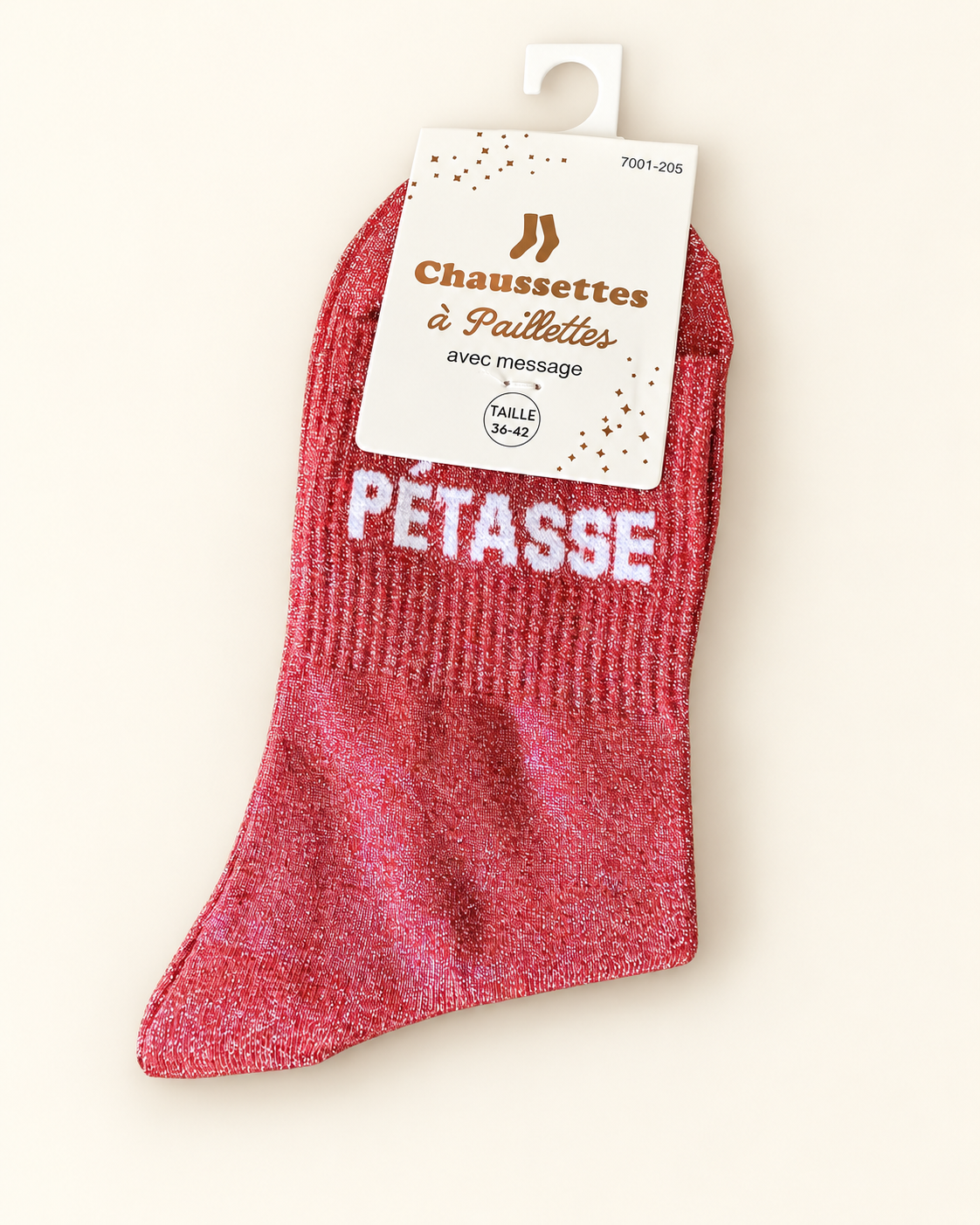 Chaussettes pailletées Pétasse corail avec inscription blanche sur fond ivoire