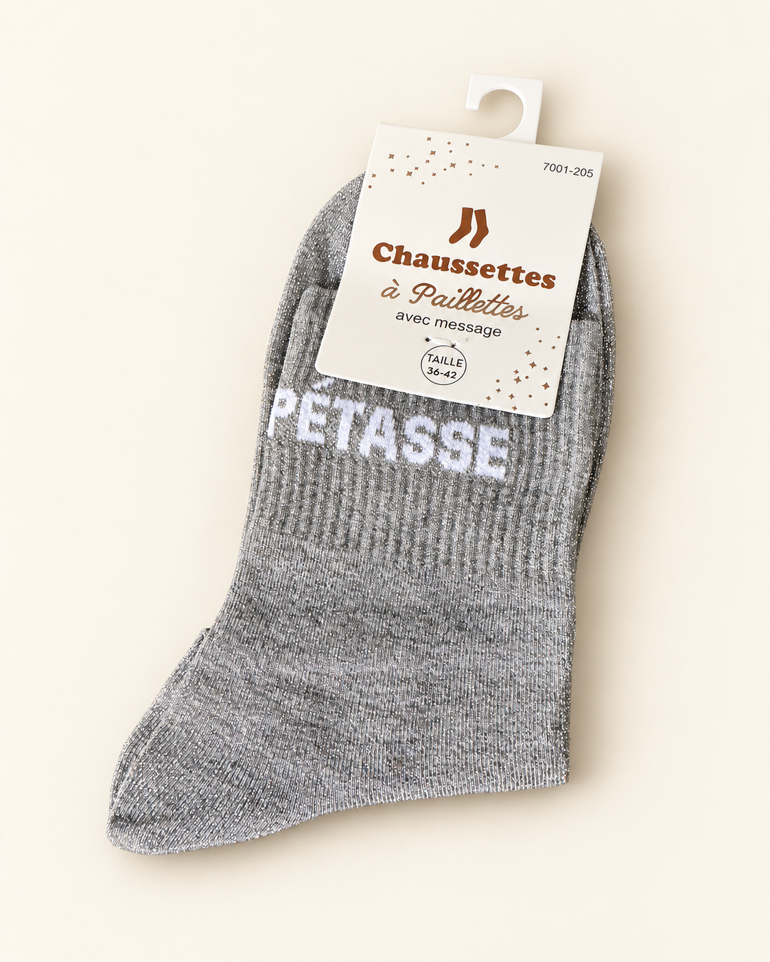 Chaussettes pailletées Pétasse grises avec inscription blanche sur fond ivoire
