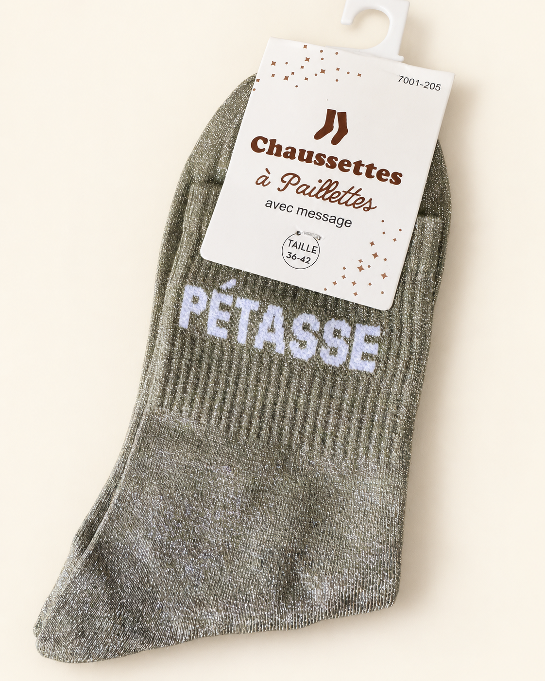 Chaussettes pailletées Pétasse kaki clair avec inscription blanche sur fond ivoire