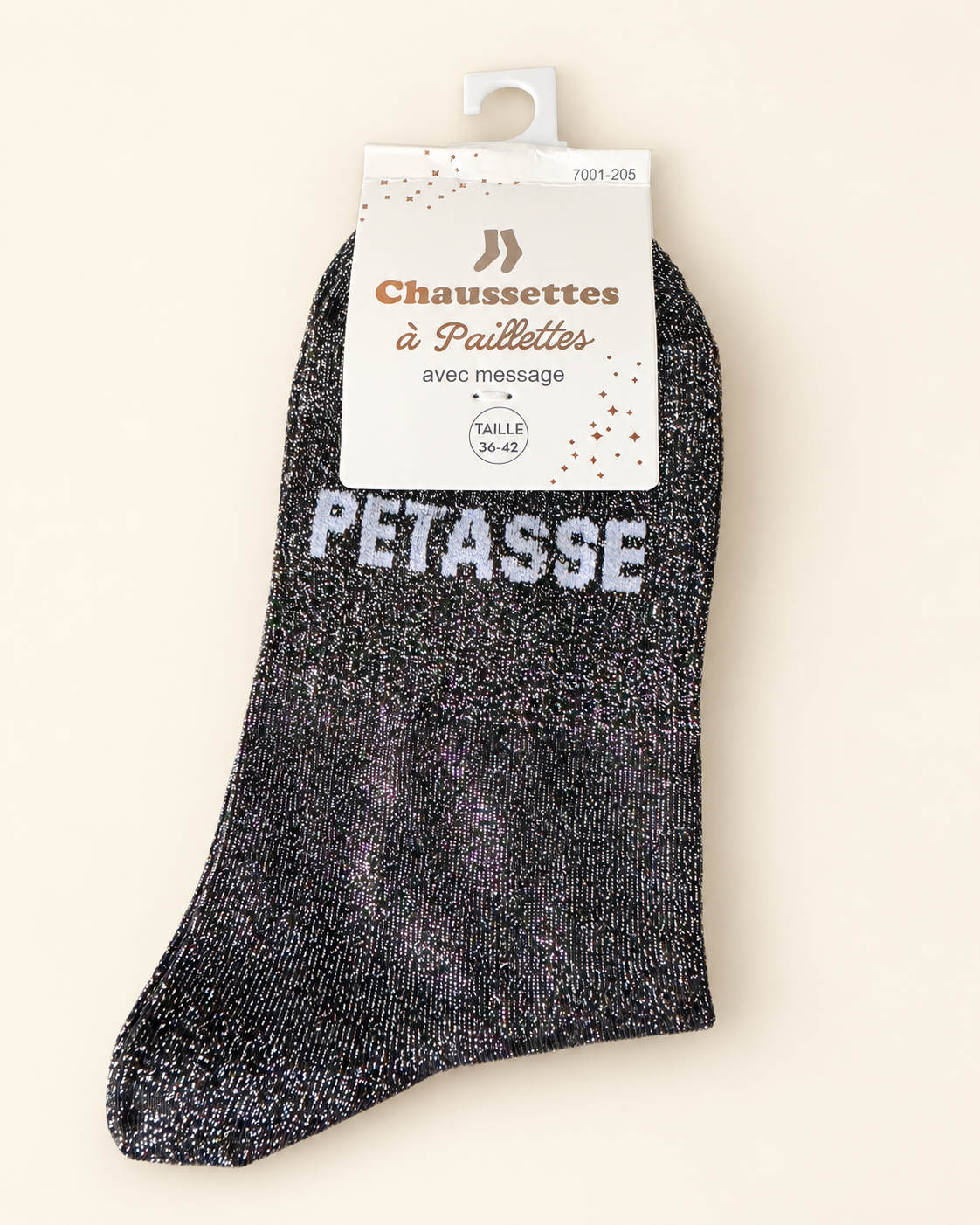 Chaussettes pailletées Pétasse noires avec inscription blanche sur fond ivoire