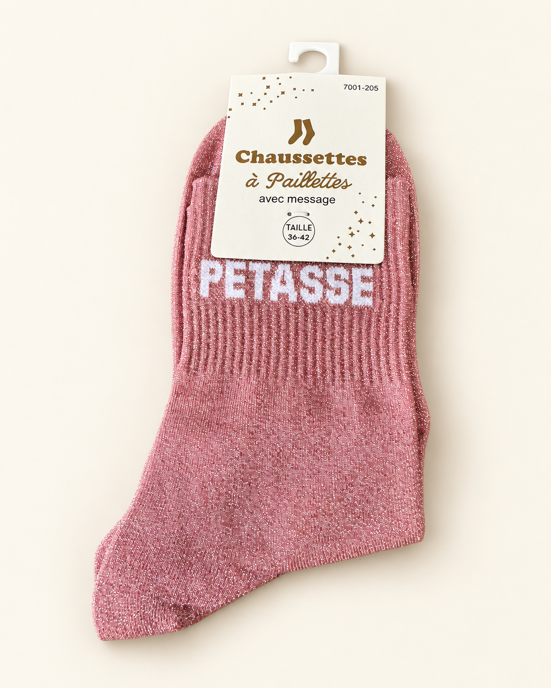Chaussettes pailletées Pétasse roses avec inscription blanche sur fond ivoire