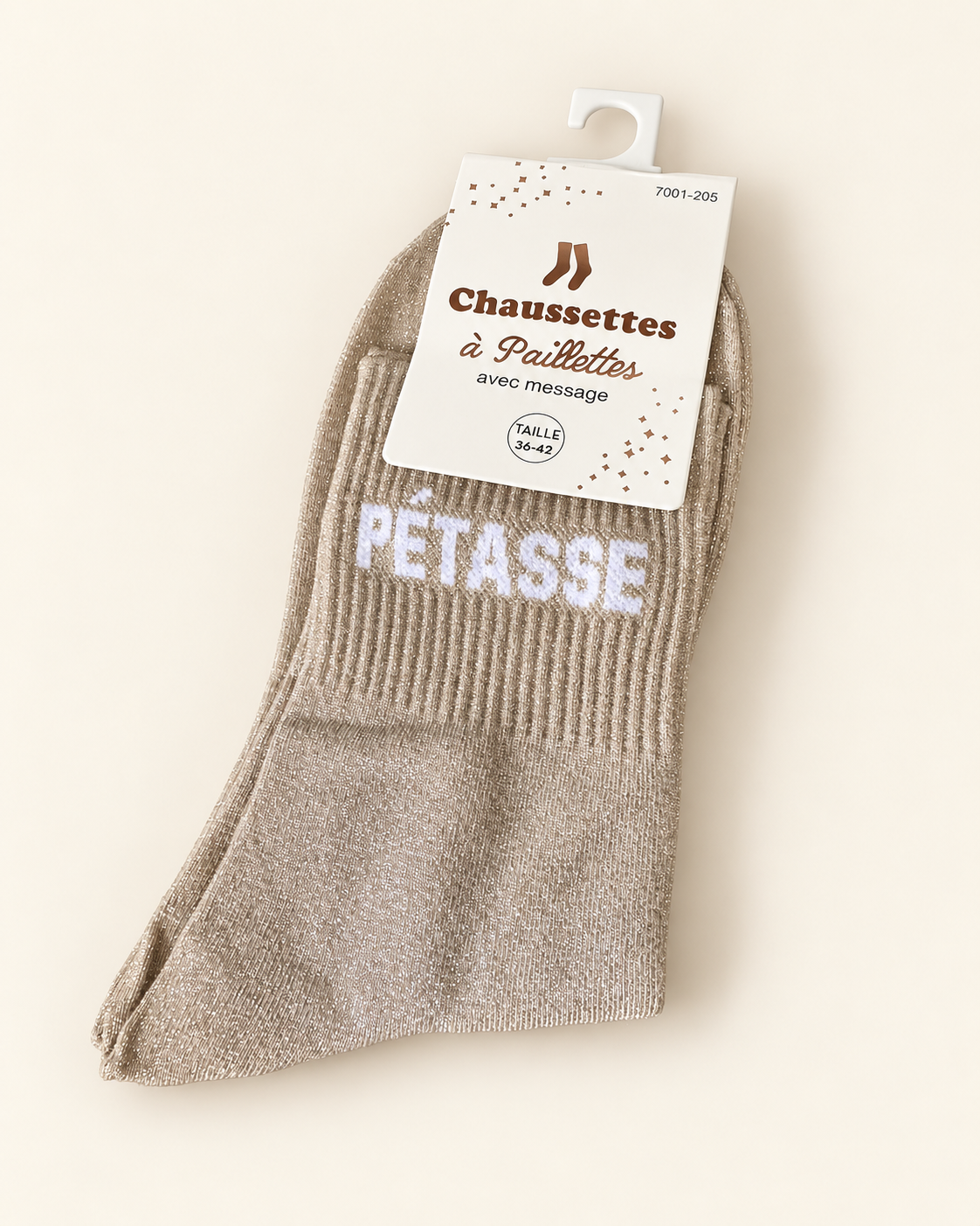 Chaussettes pailletées Pétasse taupe avec inscription blanche sur fond ivoire