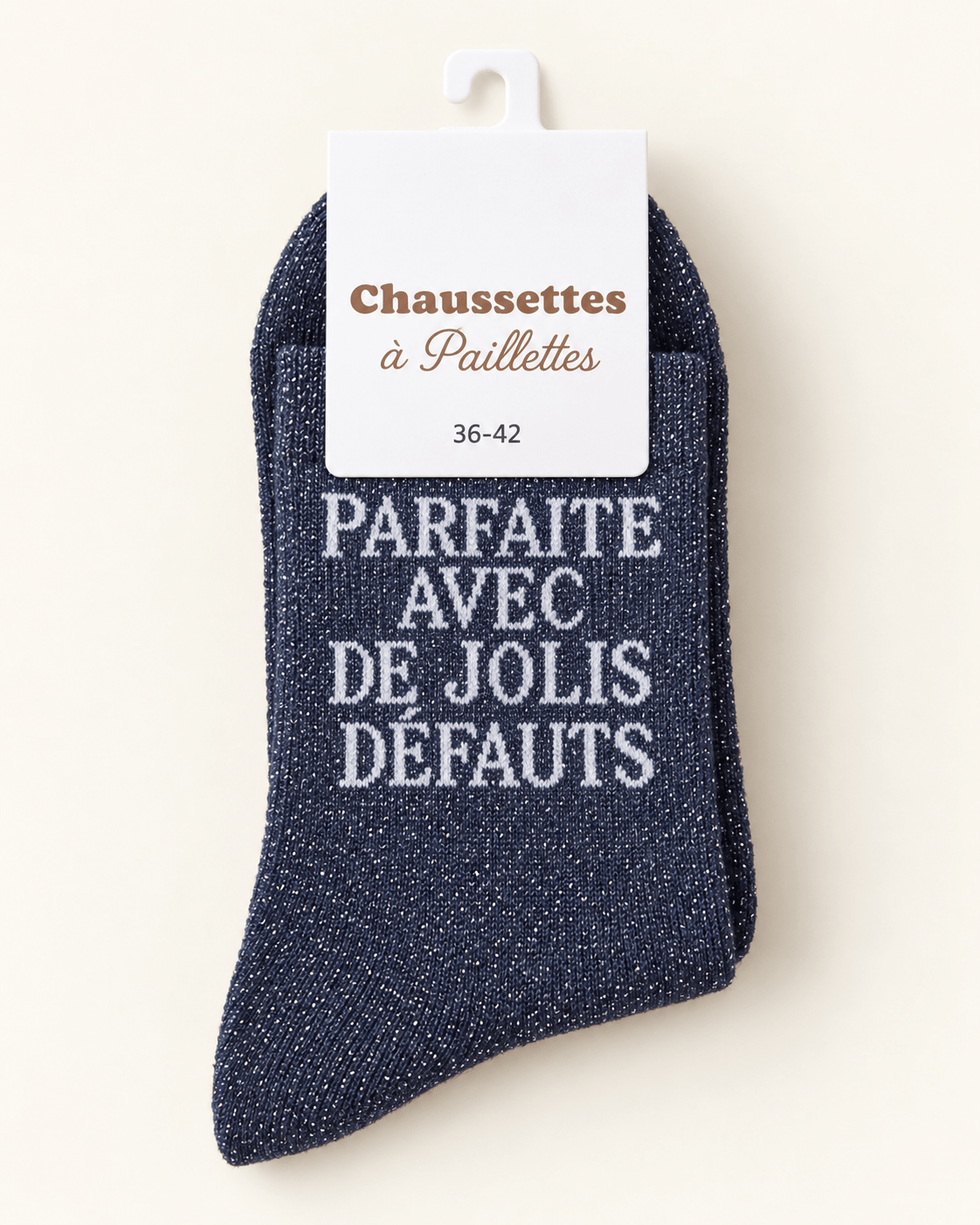 Chaussettes pailletées bleu marine Parfaite avec de jolis défauts sur fond ivoire