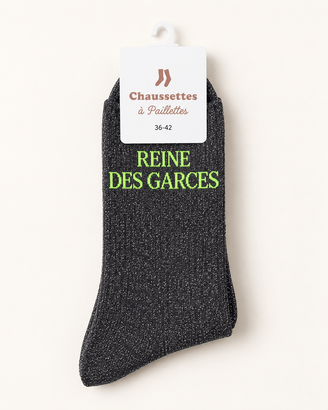 Chaussettes pailletées Reine des garces anthracite avec écriture vert anis