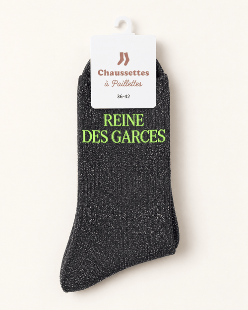 Chaussettes pailletées Reine des garces anthracite avec écriture vert anis