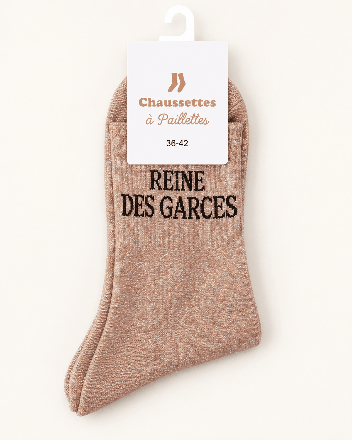 Chaussettes pailletées Reine des garces beige rosé avec écriture noire