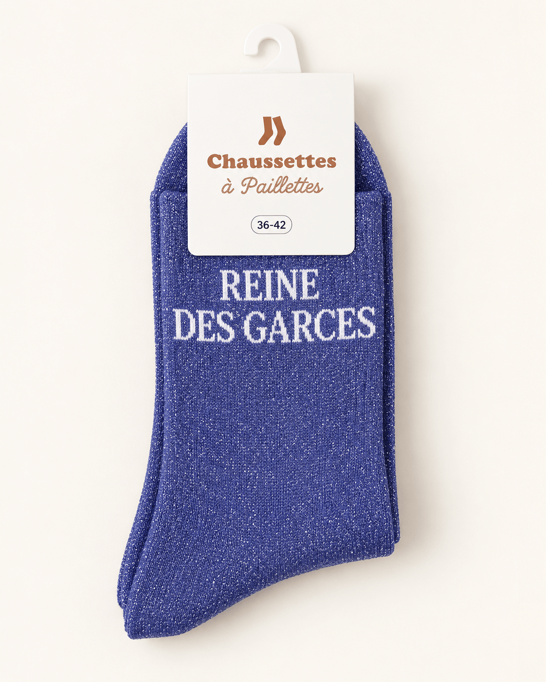 Chaussettes pailletées Reine des garces bleu indigo avec écriture blanche