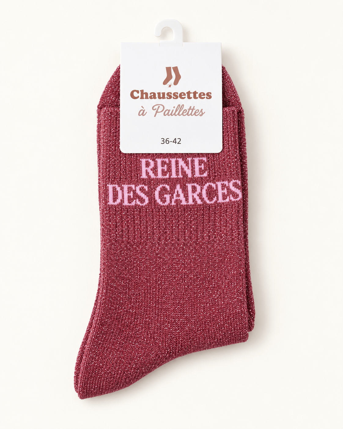 Chaussettes pailletées Reine des garces bordeaux avec écriture rose clair