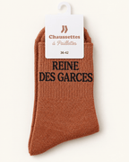 Chaussettes pailletées Reine des garces cuivre avec écriture noire