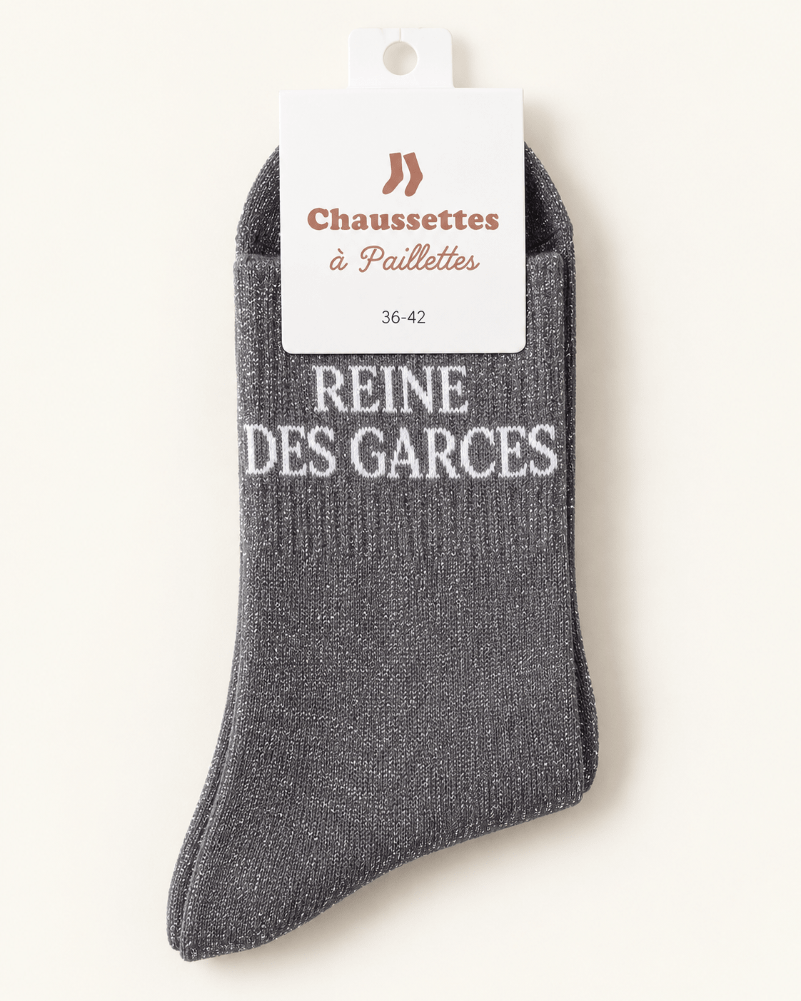 Chaussettes pailletées Reine des garces grises avec écriture blanche