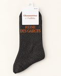 Chaussettes pailletées Reine des garces noires avec écriture orange