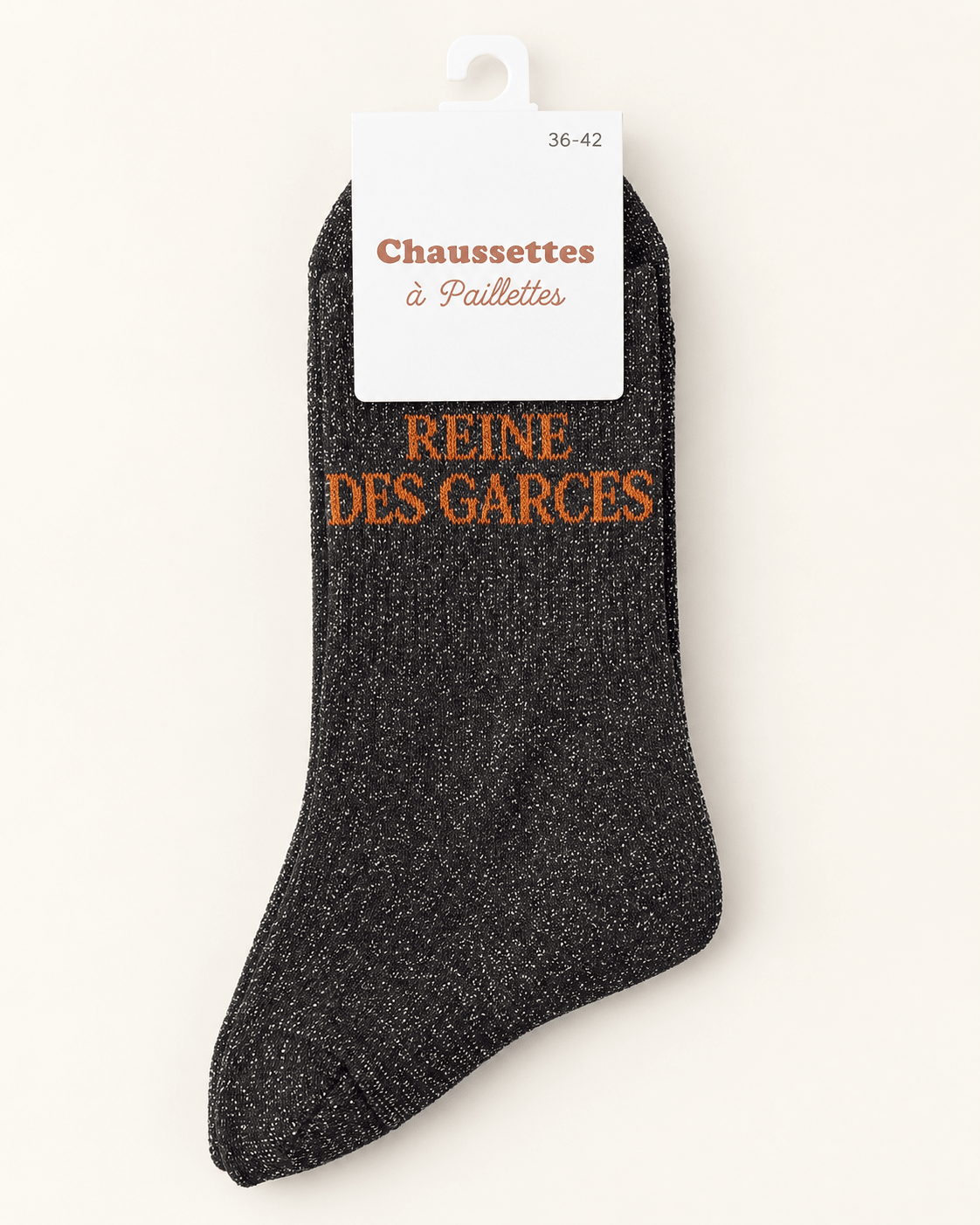Chaussettes pailletées Reine des garces noires avec écriture orange