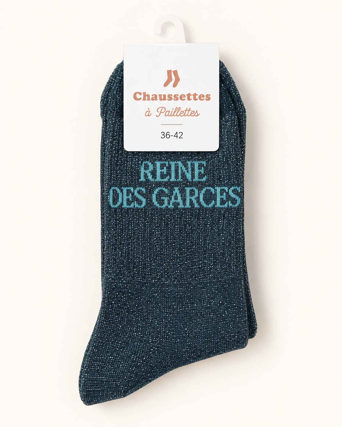 Chaussettes pailletées Reine des garces bleu pétrole avec écriture turquoise