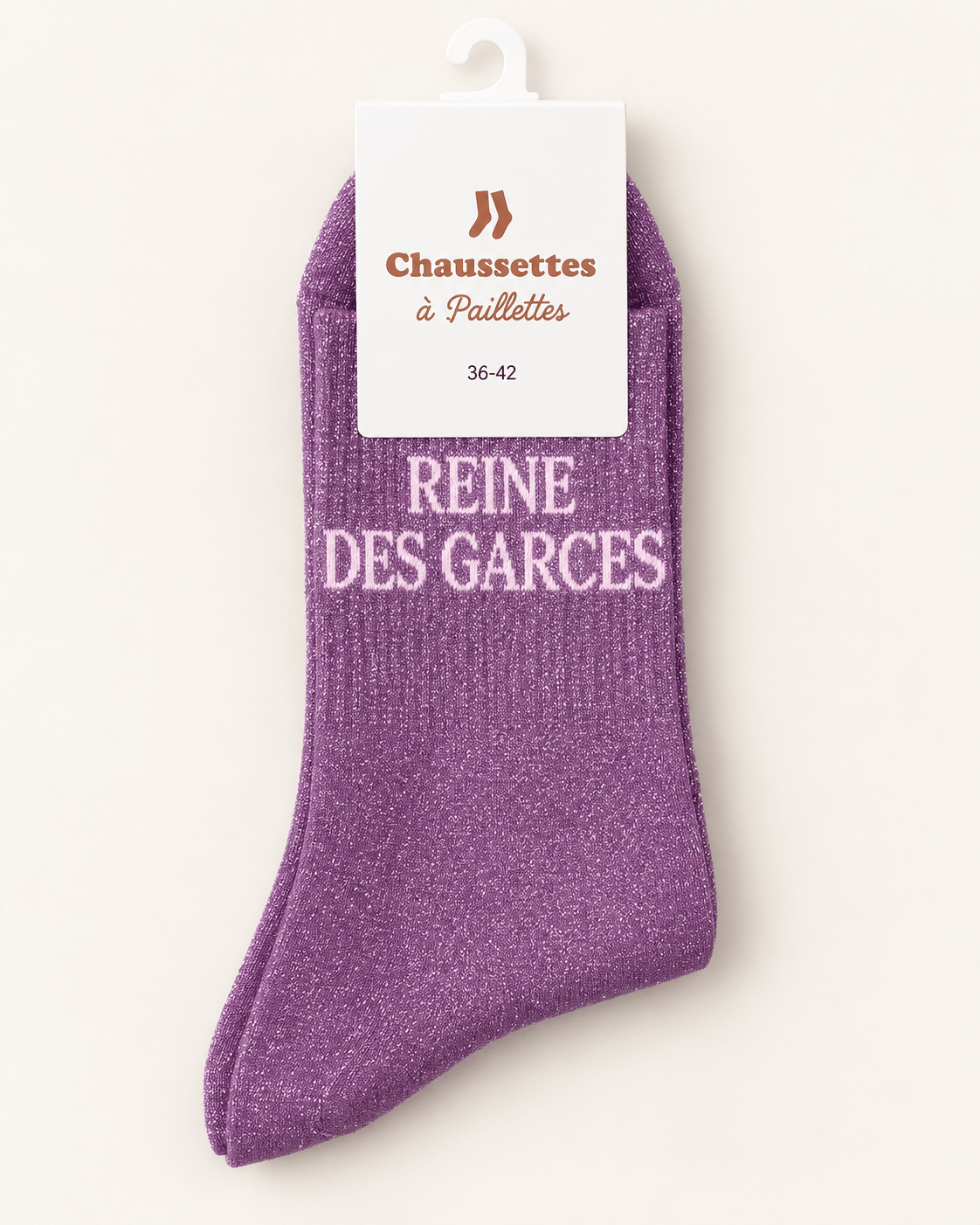 Chaussettes pailletées Reine des garces prune avec écriture rose clair