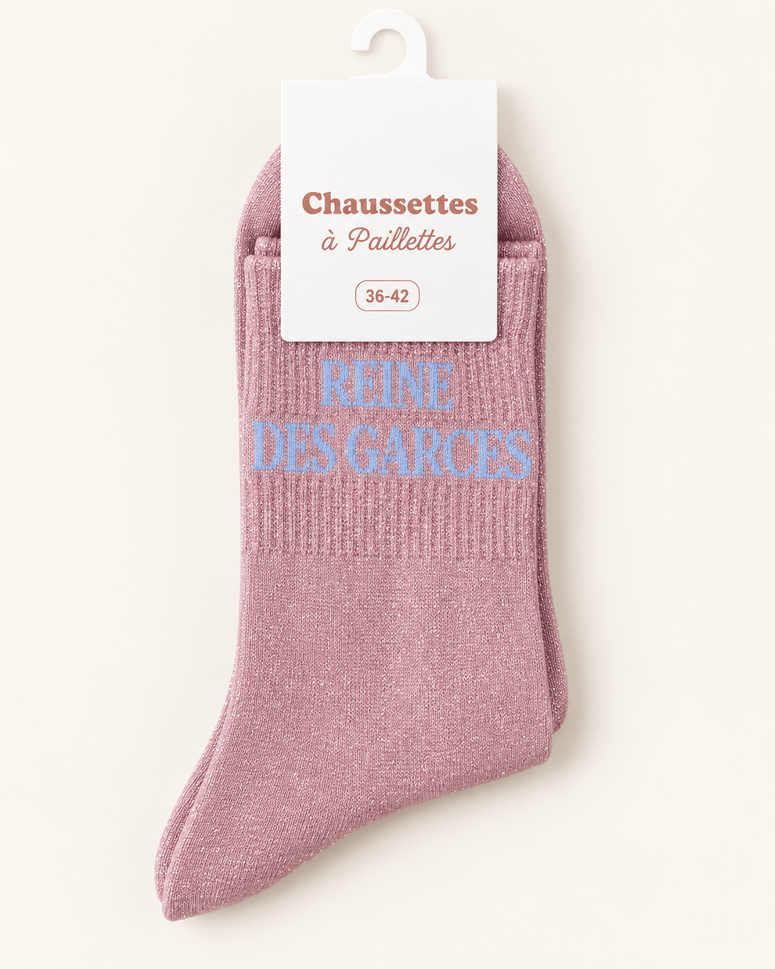 Chaussettes pailletées Reine des garces roses avec écriture bleu ciel