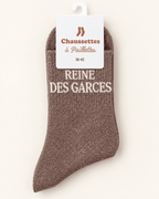 Chaussettes pailletées Reine des garces taupe avec écriture blanche