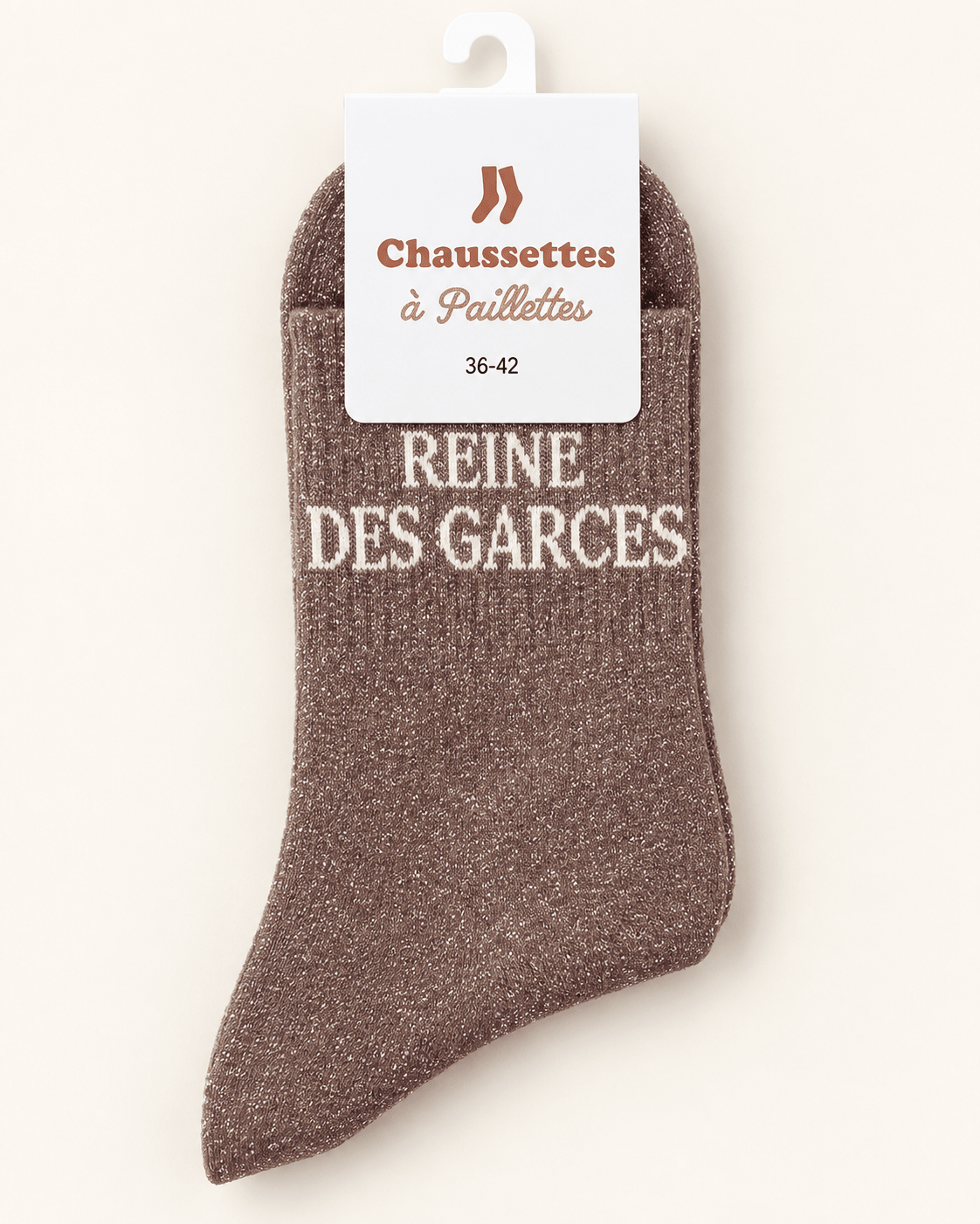 Chaussettes pailletées Reine des garces taupe avec écriture blanche
