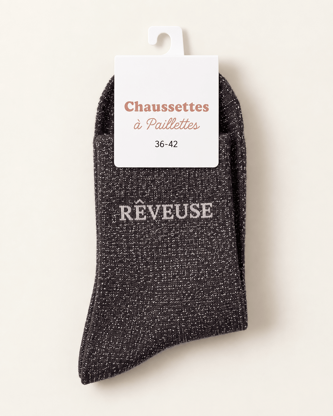 Chaussettes pailletées Rêveuse anthracite, vue produit entière sur fond ivoire