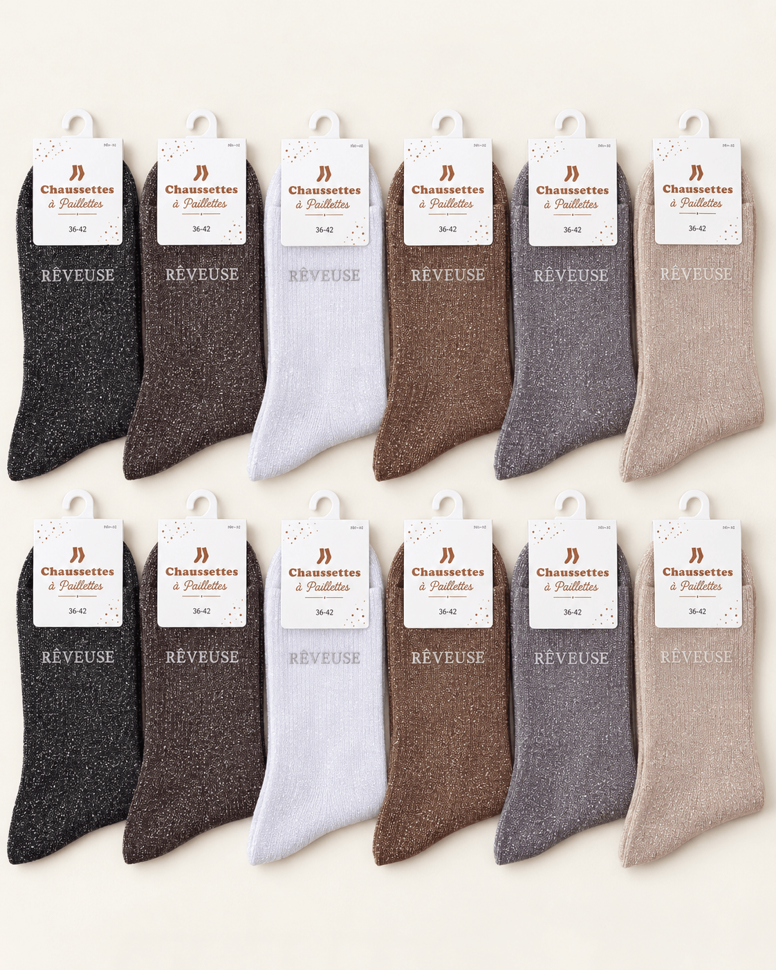 Assortiment de douze chaussettes pailletées Rêveuse en six coloris sur fond ivoire