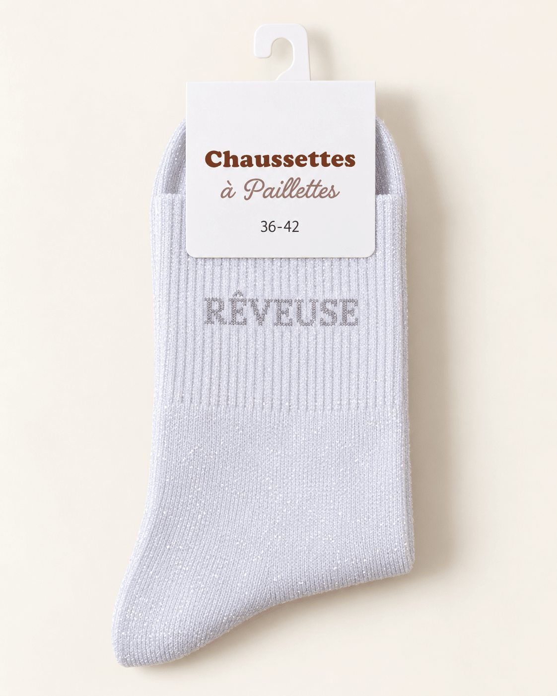 Chaussettes pailletées Rêveuse blanc argenté, vue produit entière sur fond ivoire
