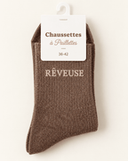 Chaussettes pailletées Rêveuse café brun, vue produit entière sur fond ivoire