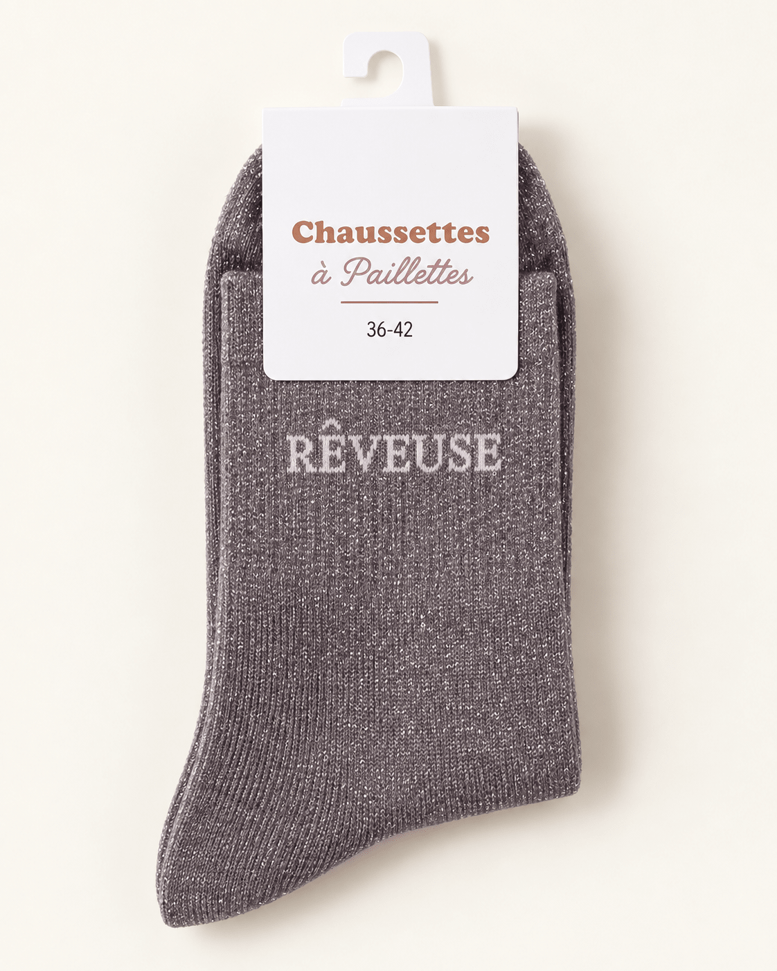 Chaussettes pailletées Rêveuse grises légèrement mauves sur fond ivoire