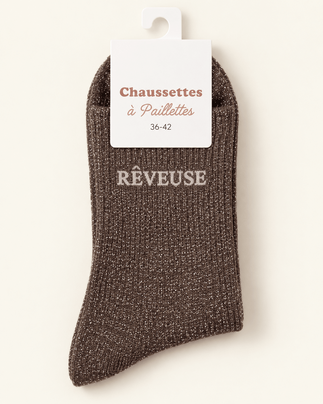 Chaussettes pailletées Rêveuse taupe foncé, vue produit entière sur fond ivoire