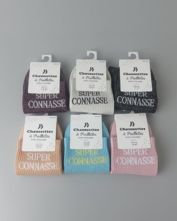 Chaussettes Super Connasse pailletées, plusieurs coloris