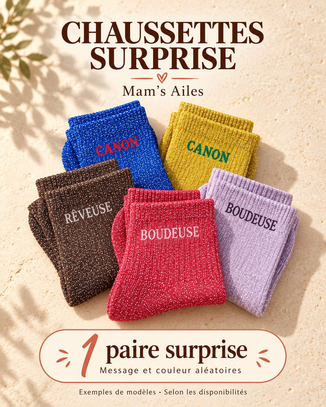 Exemples de chaussettes pailletées Canon, Rêveuse et Boudeuse : une paire surprise, message et couleur aléatoires