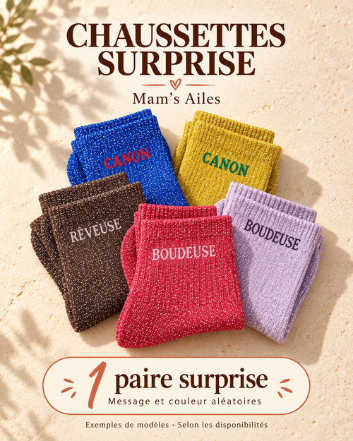 Exemples de chaussettes pailletées Canon, Rêveuse et Boudeuse : une paire surprise, message et couleur aléatoires