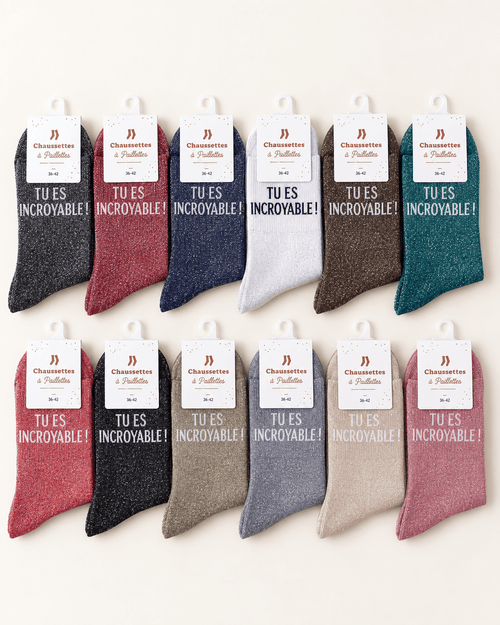 Assortiment de douze chaussettes pailletées Tu es incroyable sur fond ivoire