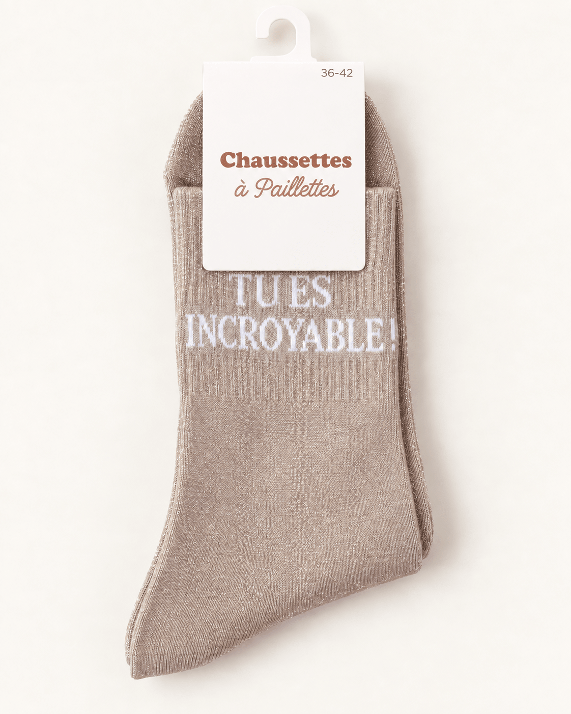 Chaussettes pailletées Tu es incroyable beige clair sur fond ivoire