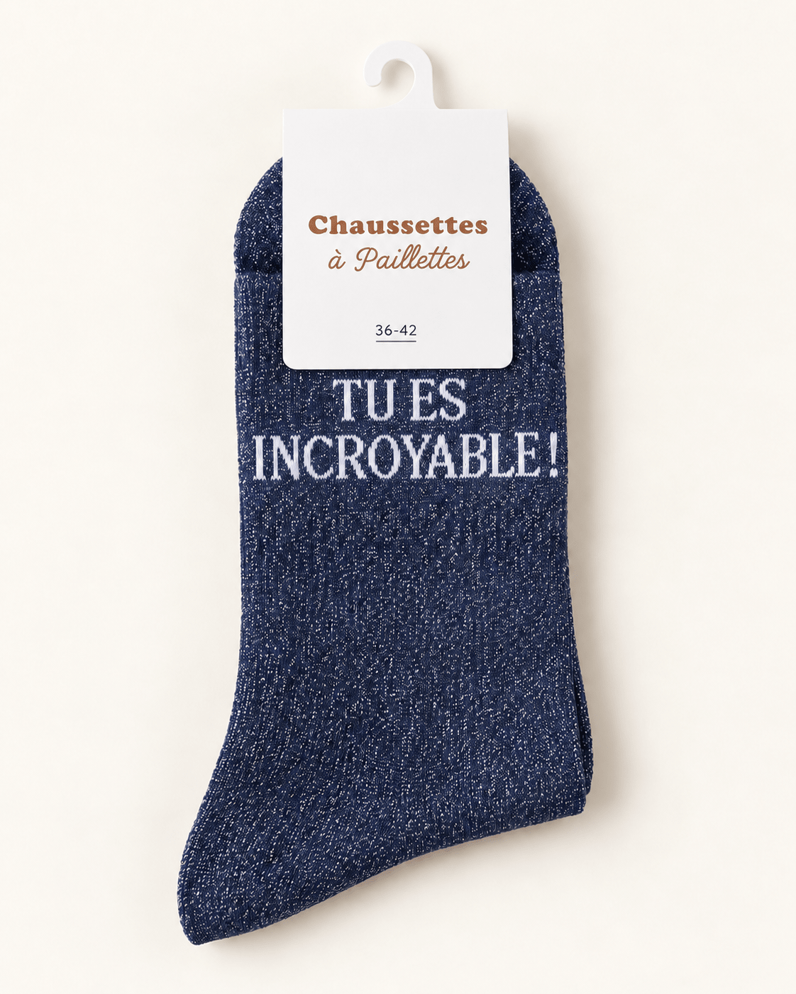 Chaussettes pailletées Tu es incroyable bleu marine sur fond ivoire