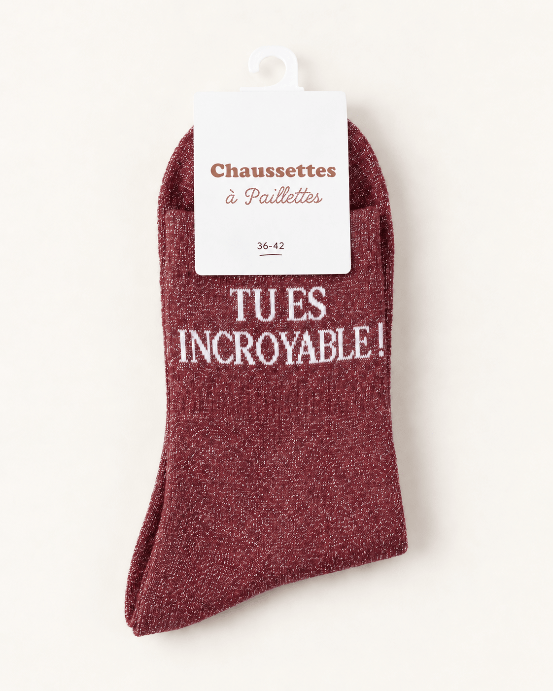 Chaussettes pailletées Tu es incroyable bordeaux sur fond ivoire