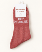Chaussettes pailletées Tu es incroyable corail sur fond ivoire