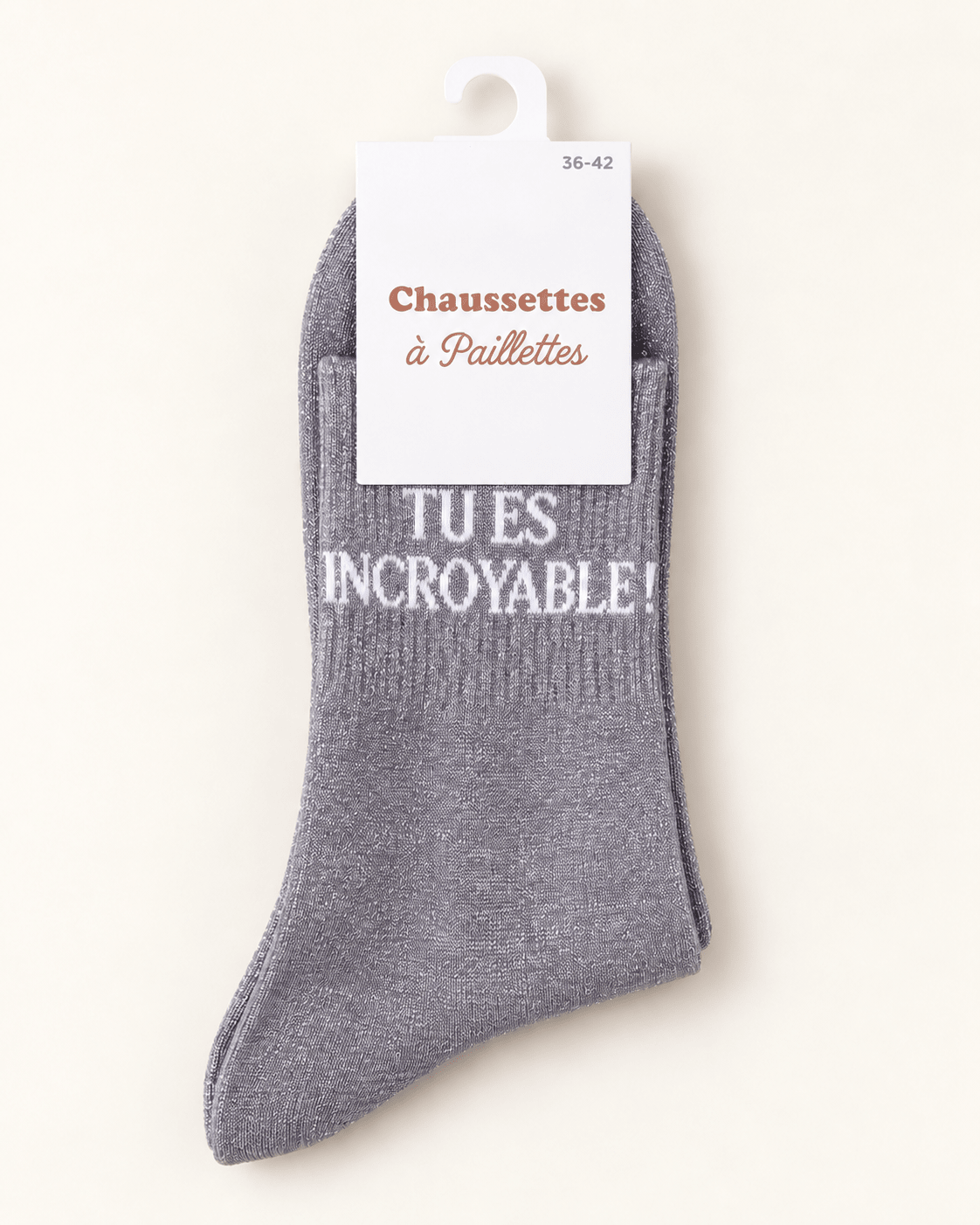 Chaussettes pailletées Tu es incroyable gris lilas sur fond ivoire