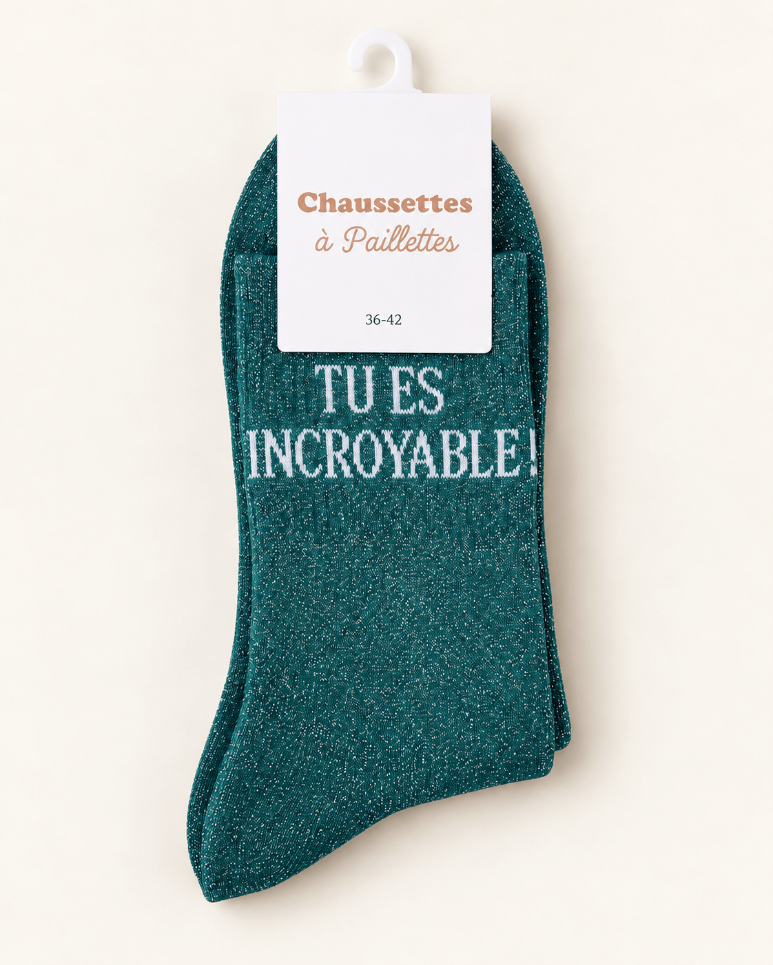 Chaussettes pailletées Tu es incroyable turquoise sur fond ivoire