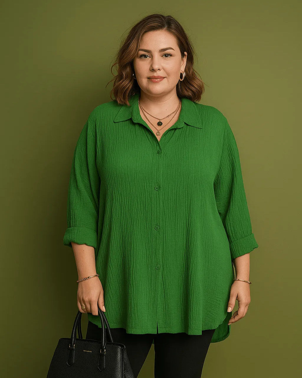 Chemise grande taille gaze de coton verte longue fluide