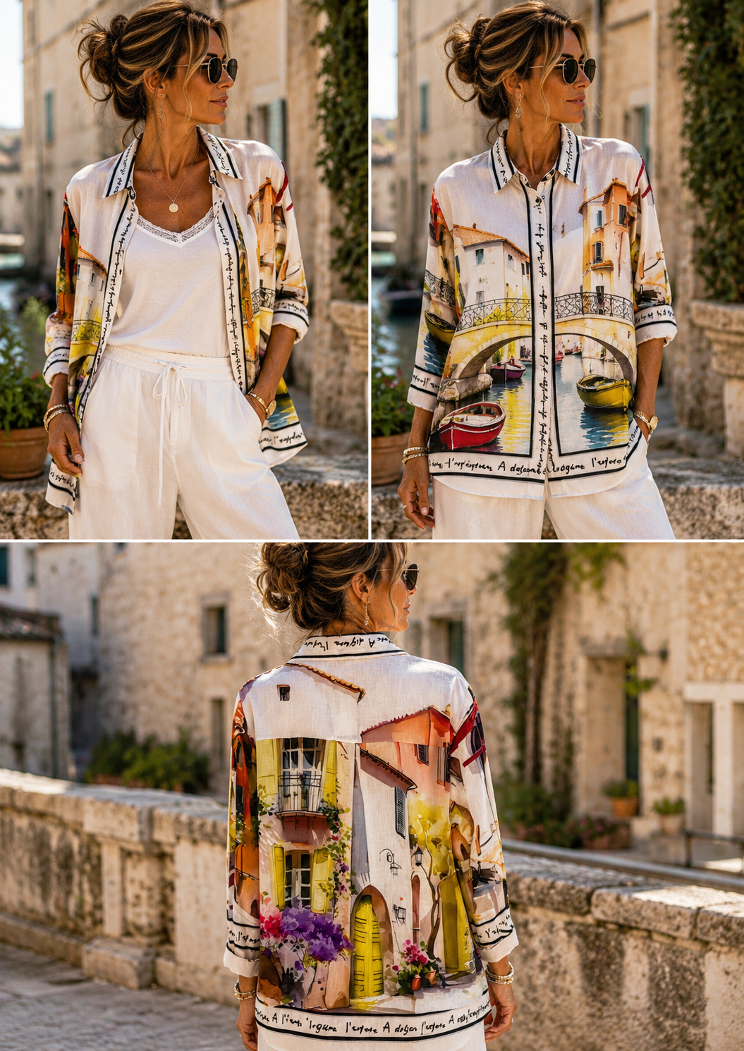 Vue dos chemise légère imprimée village italien coloré avec maisons et fleurs style méditerranéen
