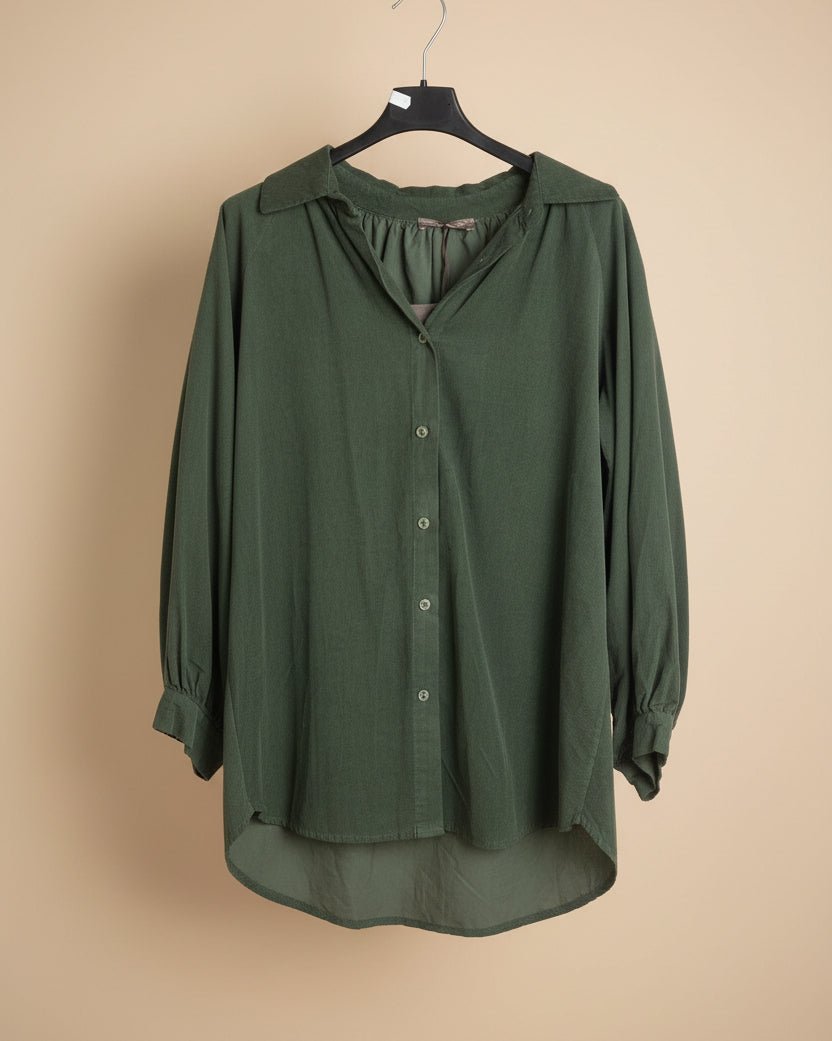 Chemise Margot velours côtelé vert bouteille cintre face dos long 75 cm made in Italy
