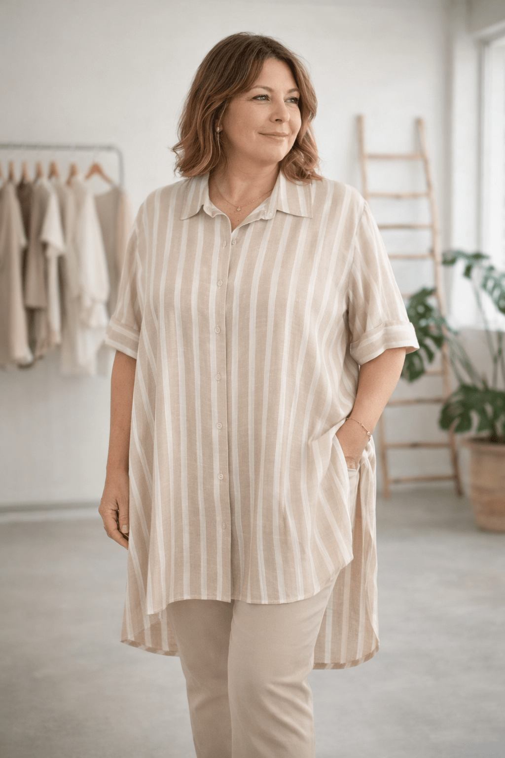 Chemise Marseille Bébé rayée beige et blanc avec fil doré vue de face