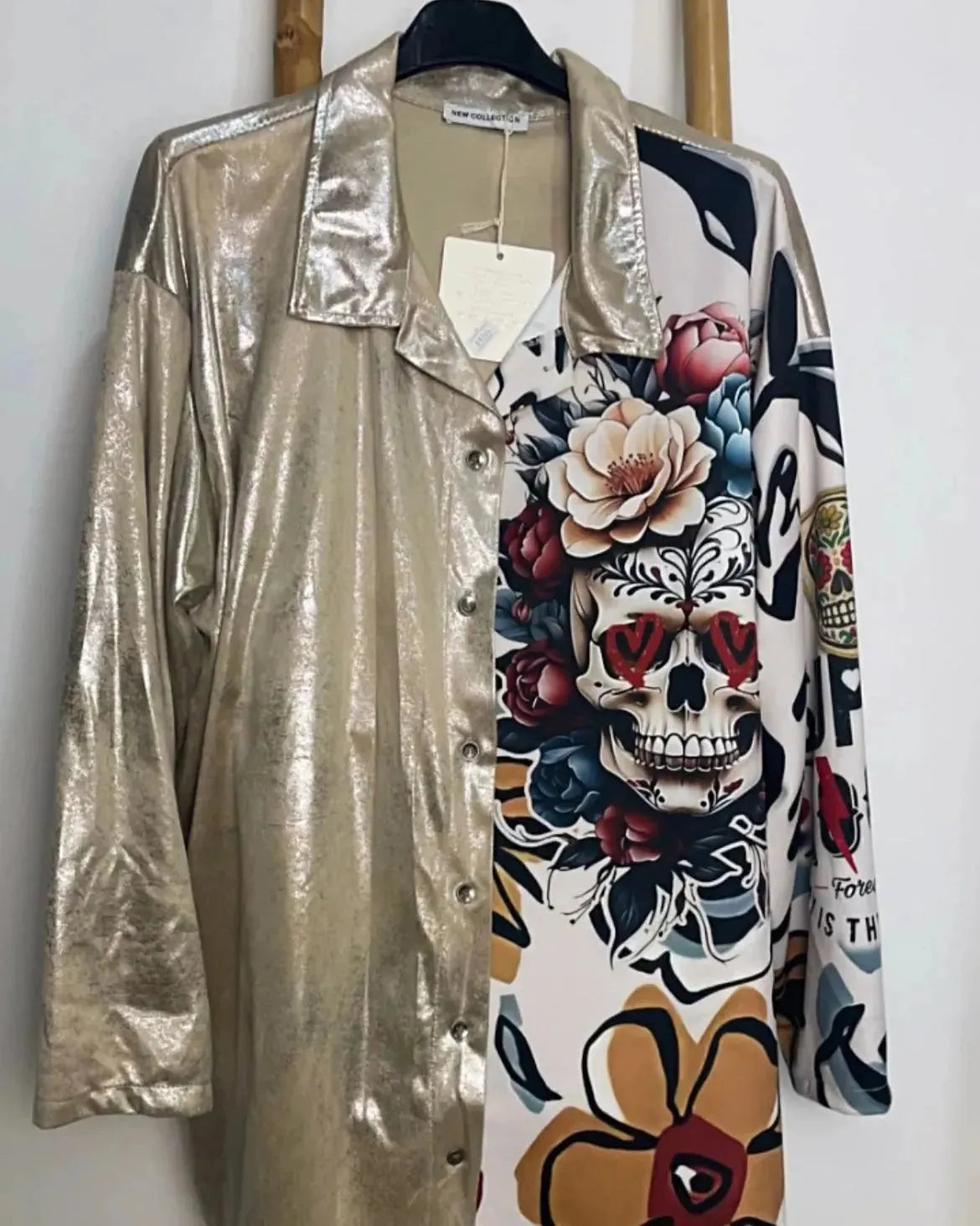 Chemise longue oversize femme imprimé floral et tête de mort artistique