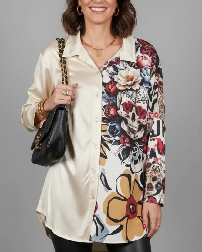 Chemise femme bicolore effet métallisé et imprimé skull fleuri