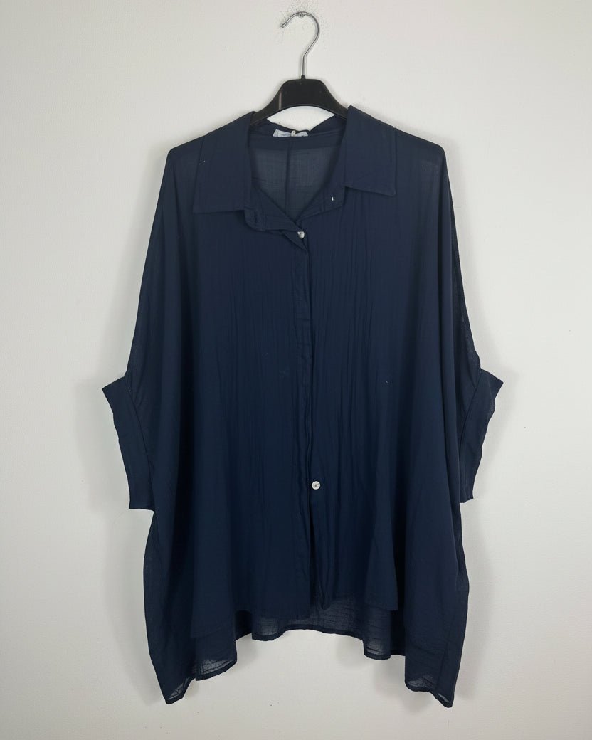 Chemise oversize femme en gaze de coton coloris marine manches 3/4