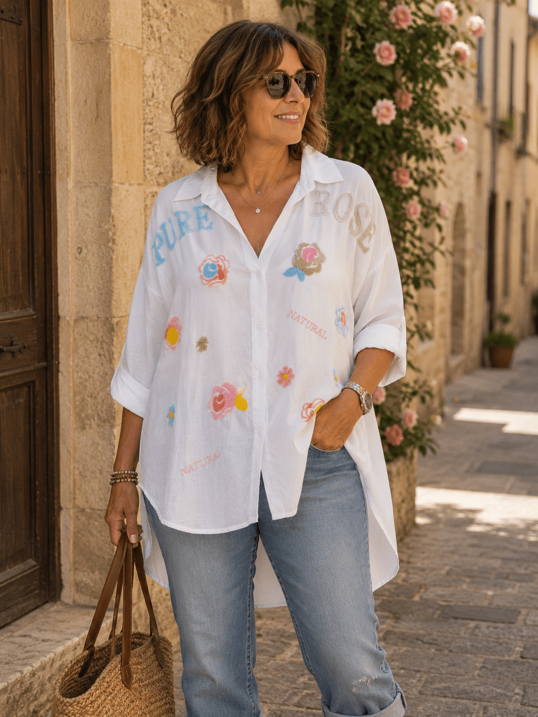 Chemise Pure Rose — Broderies Fleuries - Mam’s AilesBlanc